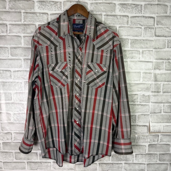 Wrangler Western Vintage 90s X-LONG Tails Gray Striped Pearl Snap Shirt Mens 17 - Picture 1 of 7